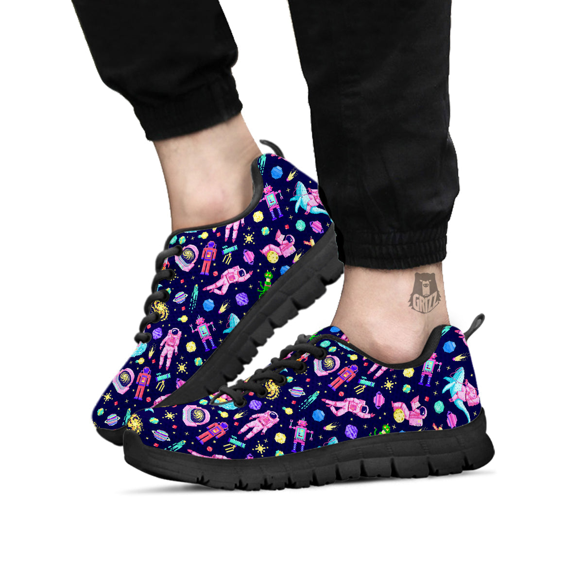 Space Astronaut 8 Bit Print Pattern Black Sneaker-grizzshop