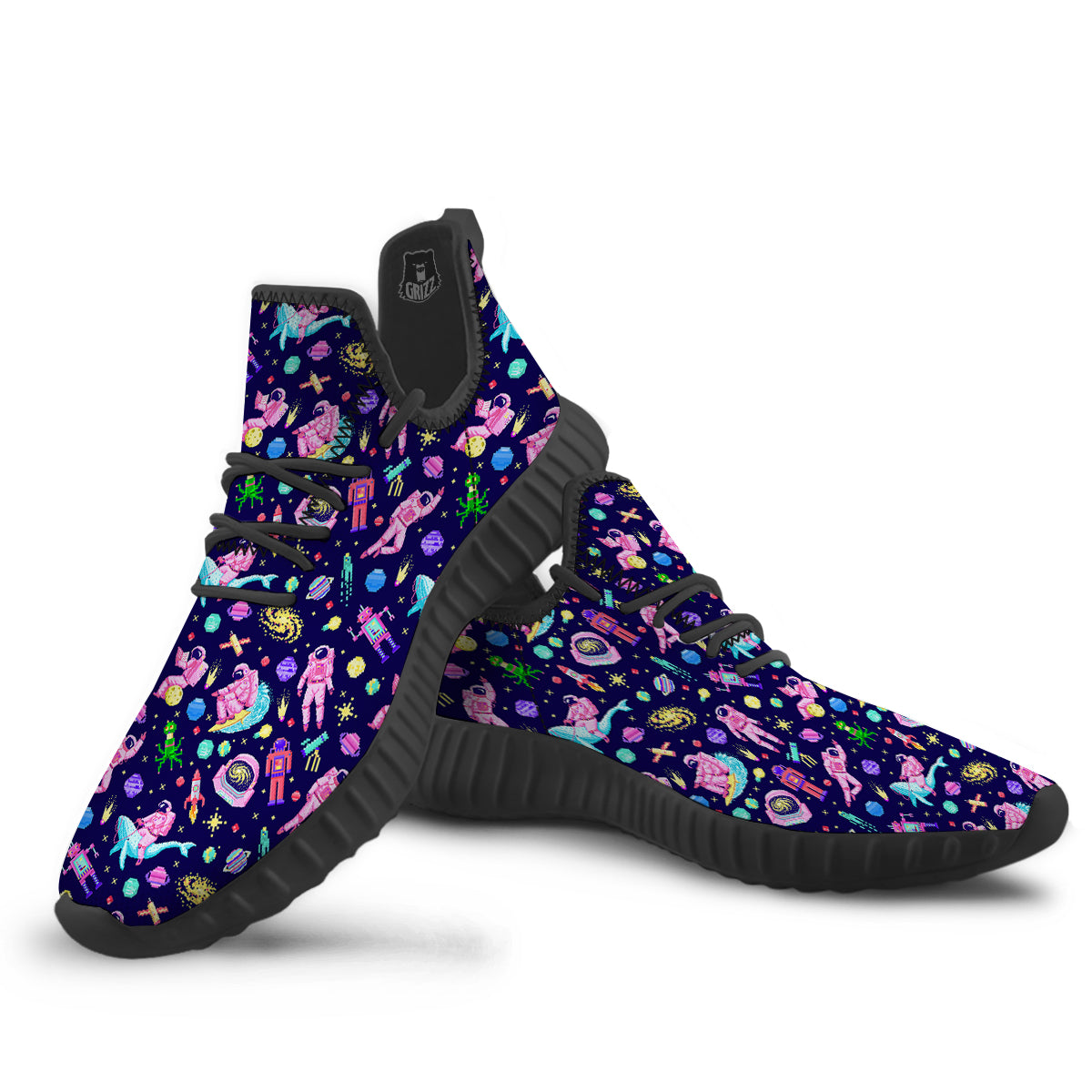 Space Astronaut 8 Bit Print Pattern Black Walking Shoes-grizzshop