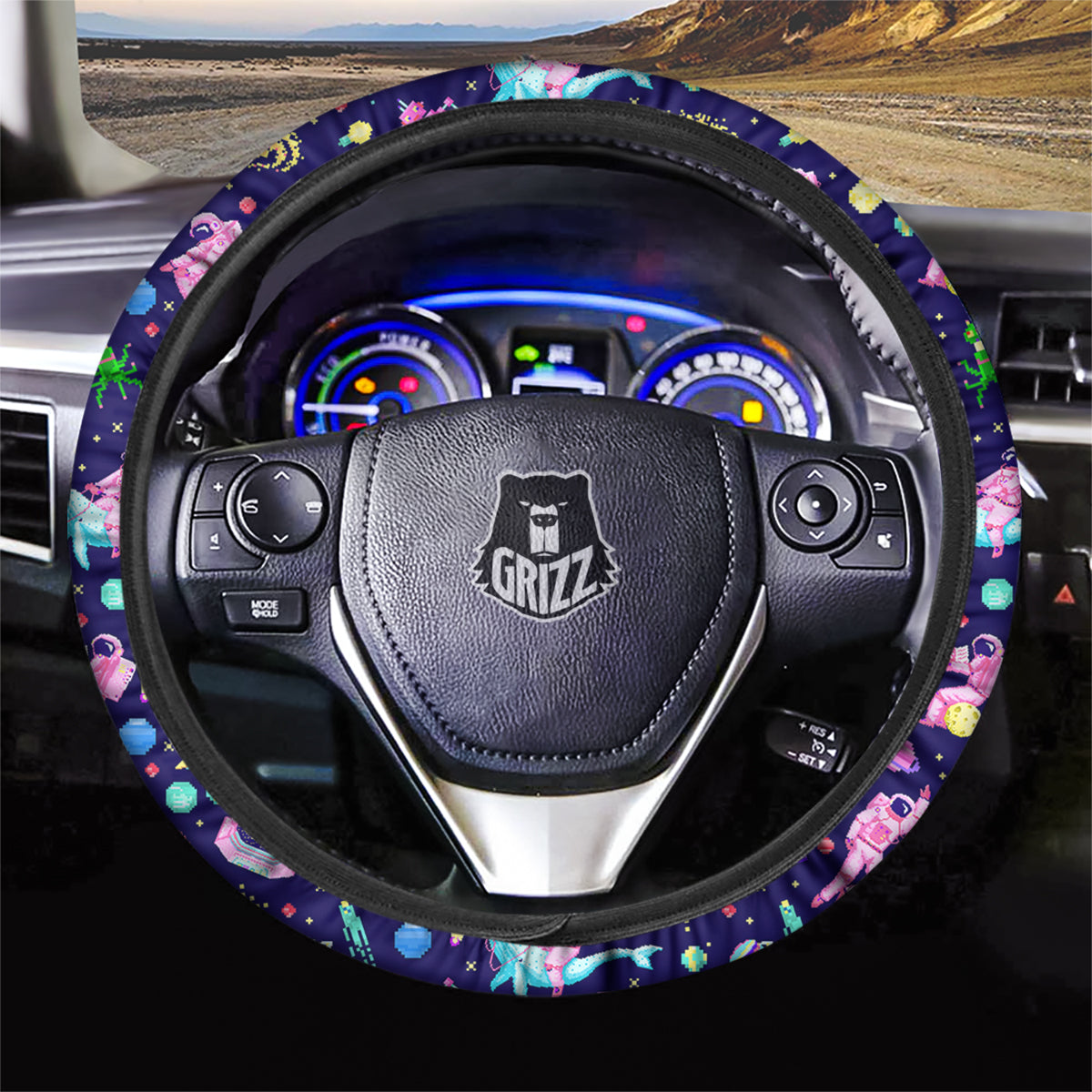 Space Astronaut 8 Bit Print Pattern Car Steering Wheel Cover-grizzshop