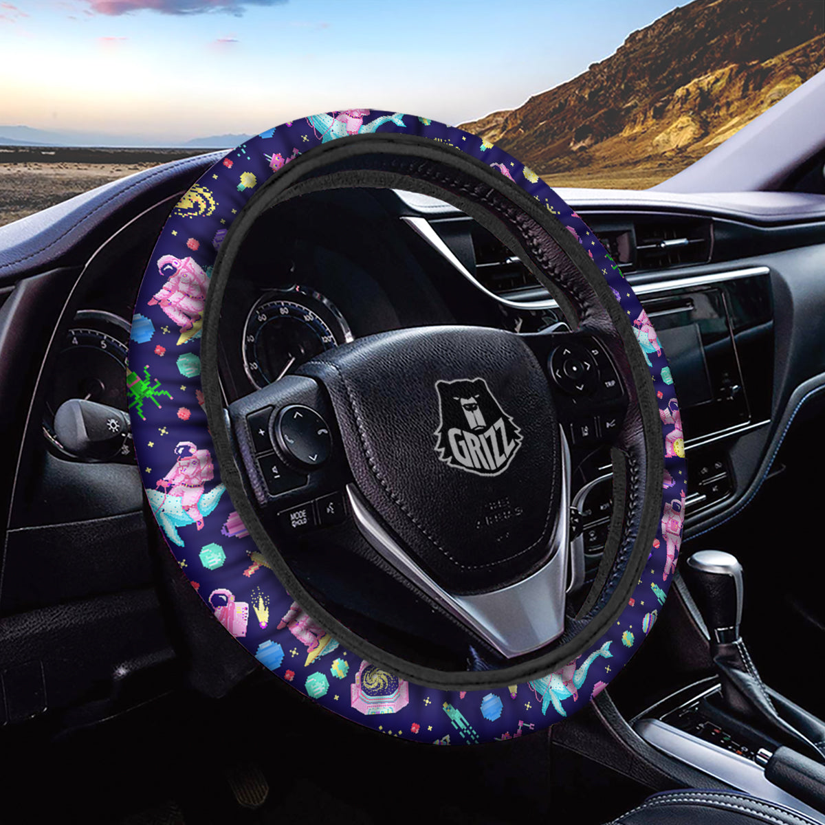 Space Astronaut 8 Bit Print Pattern Car Steering Wheel Cover-grizzshop