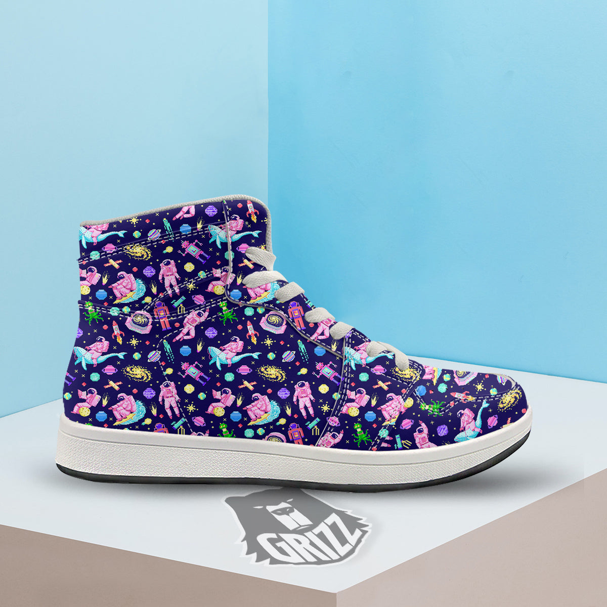 Space Astronaut 8 Bit Print Pattern High Top Sneakers-grizzshop
