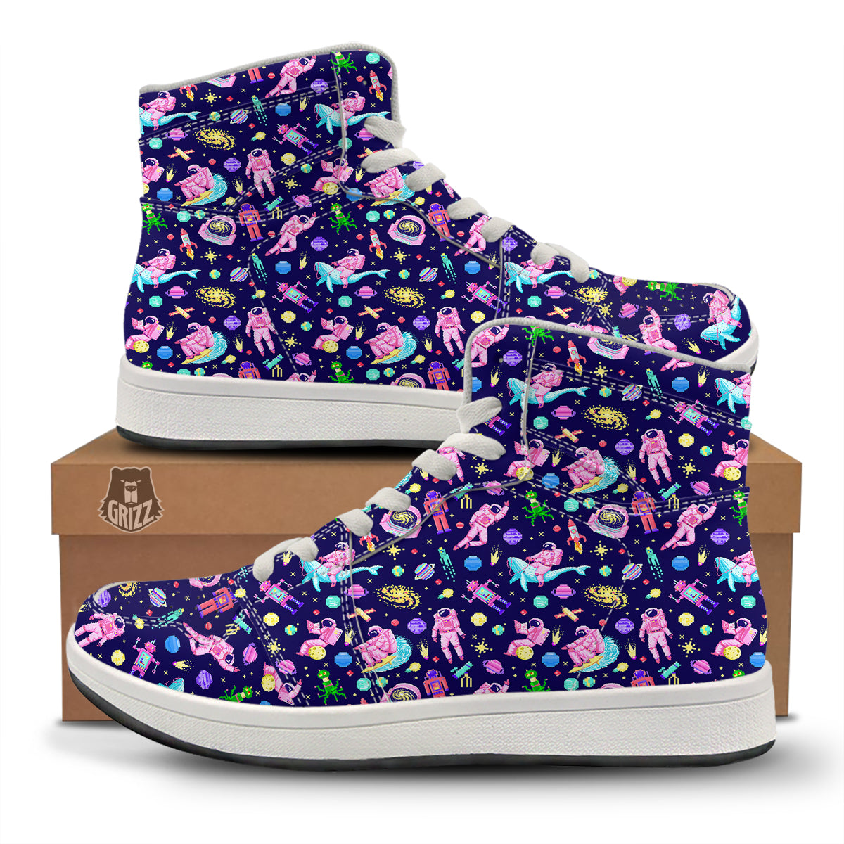 Space Astronaut 8 Bit Print Pattern High Top Sneakers-grizzshop
