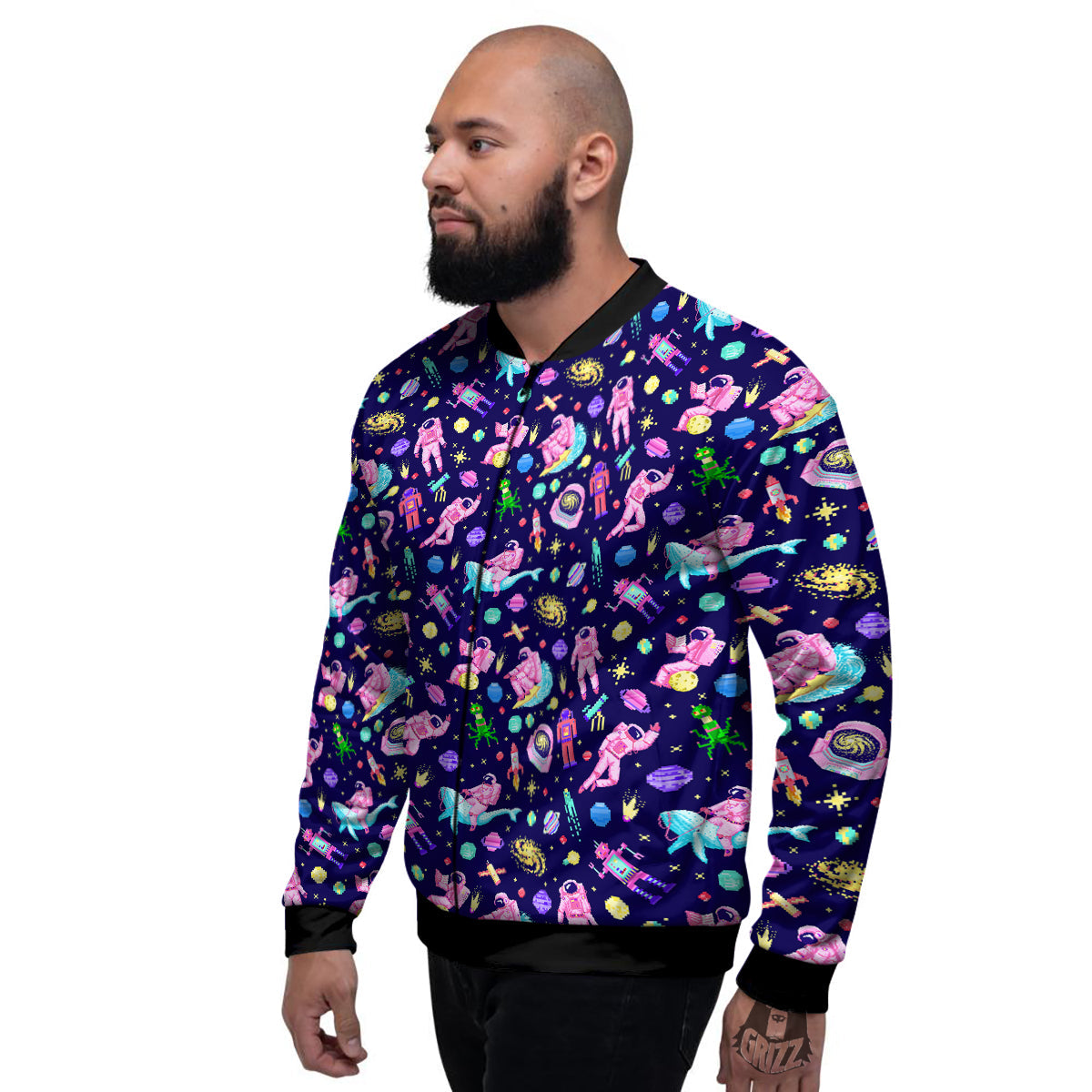Space Astronaut 8 Bit Print Pattern Men's Bomber Jacket-grizzshop