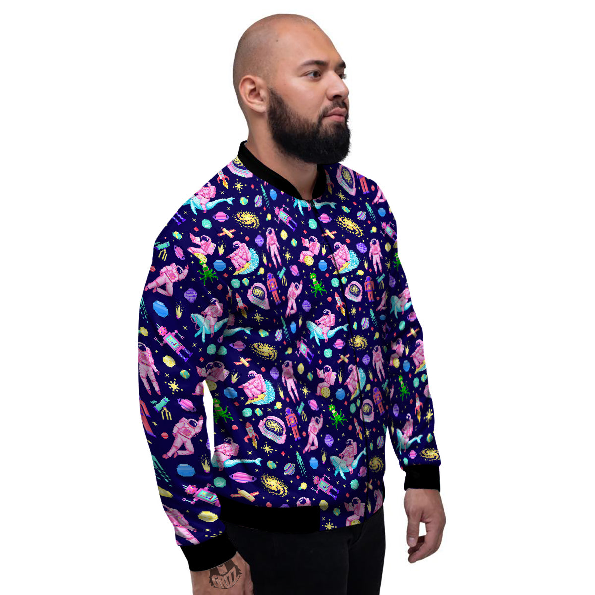 Space Astronaut 8 Bit Print Pattern Men's Bomber Jacket-grizzshop