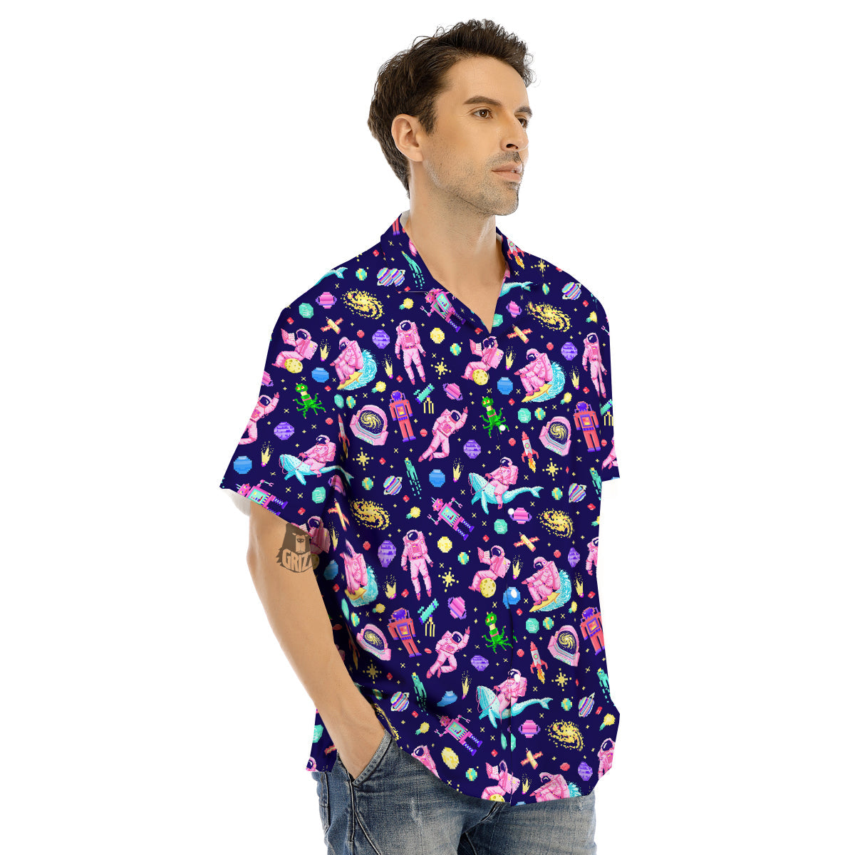 Space Astronaut 8 Bit Print Pattern Men's Hawaiian Shirt-grizzshop
