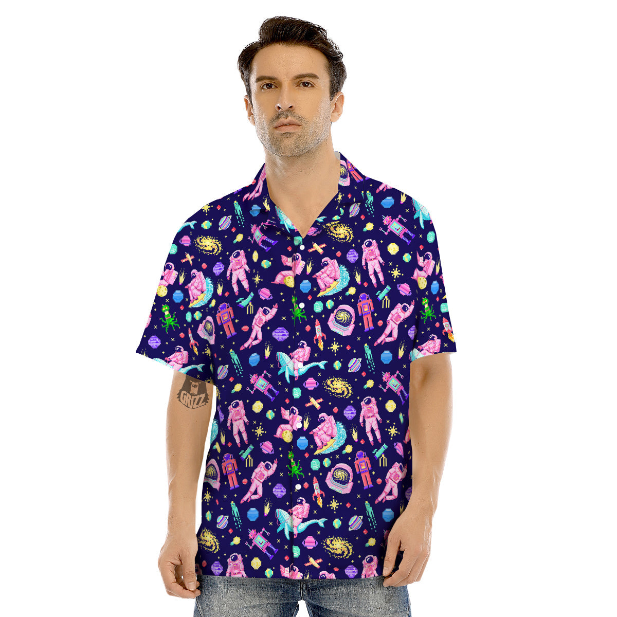 Space Astronaut 8 Bit Print Pattern Men's Hawaiian Shirt-grizzshop