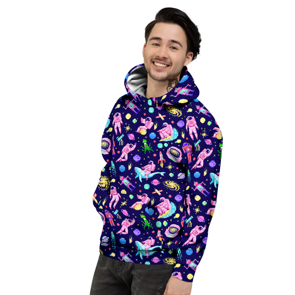 Space Astronaut 8 Bit Print Pattern Men's Hoodie-grizzshop