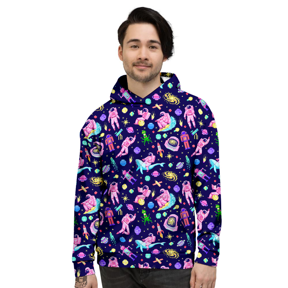 Space Astronaut 8 Bit Print Pattern Men's Hoodie-grizzshop