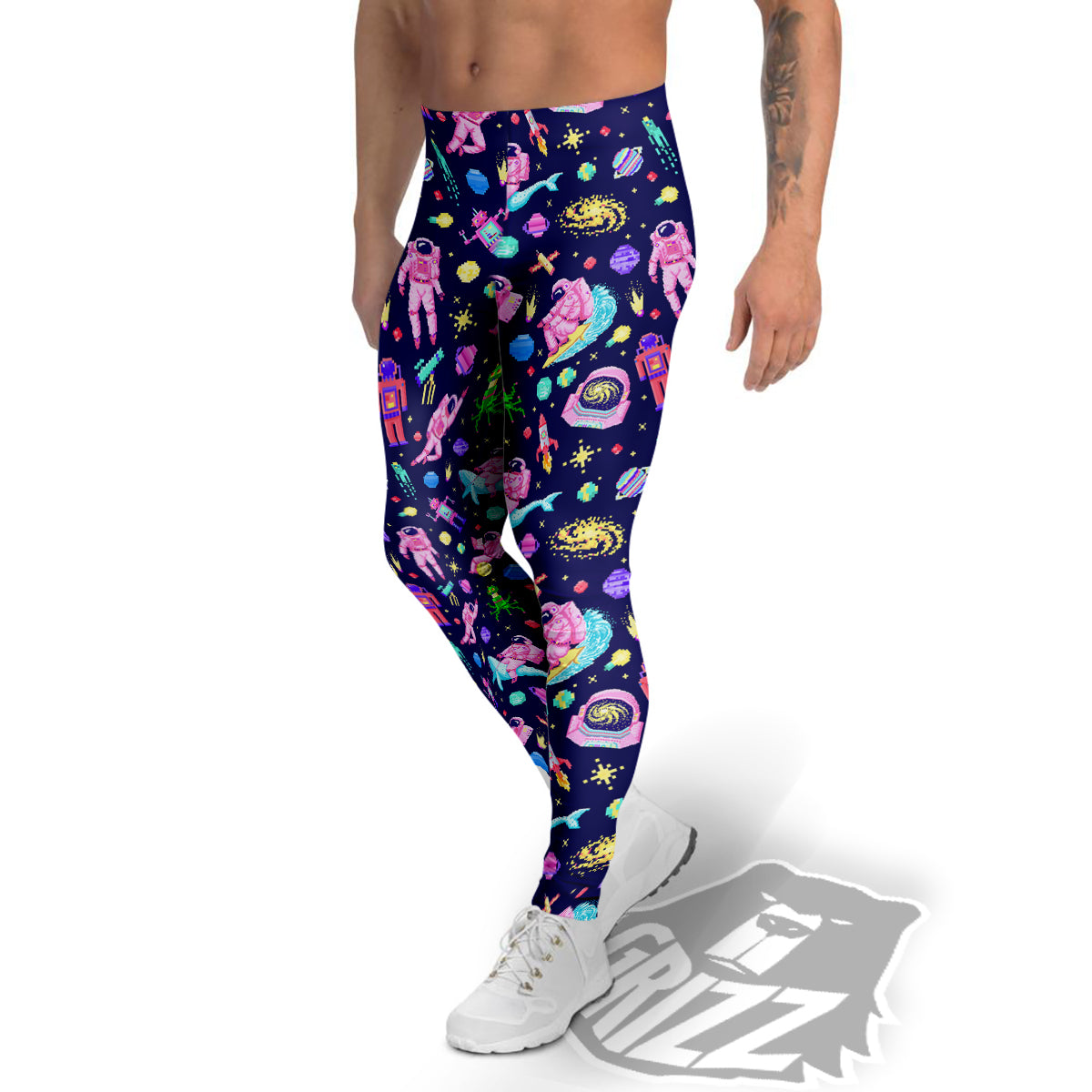 Space Astronaut 8 Bit Print Pattern Men's Leggings-grizzshop