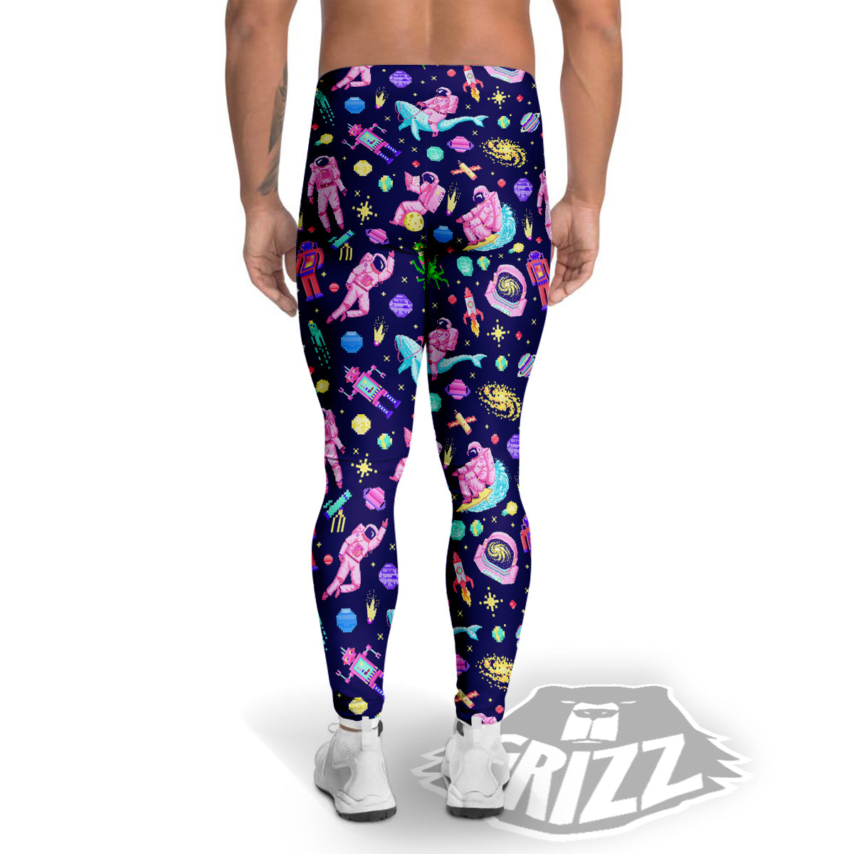 Space Astronaut 8 Bit Print Pattern Men's Leggings-grizzshop