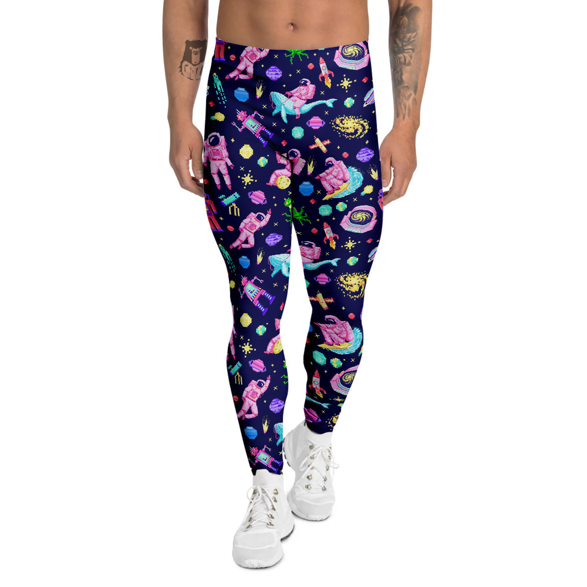 Space Astronaut 8 Bit Print Pattern Men's Leggings-grizzshop