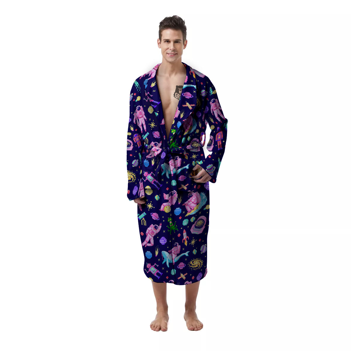 Space Astronaut 8 Bit Print Pattern Men's Robe-grizzshop