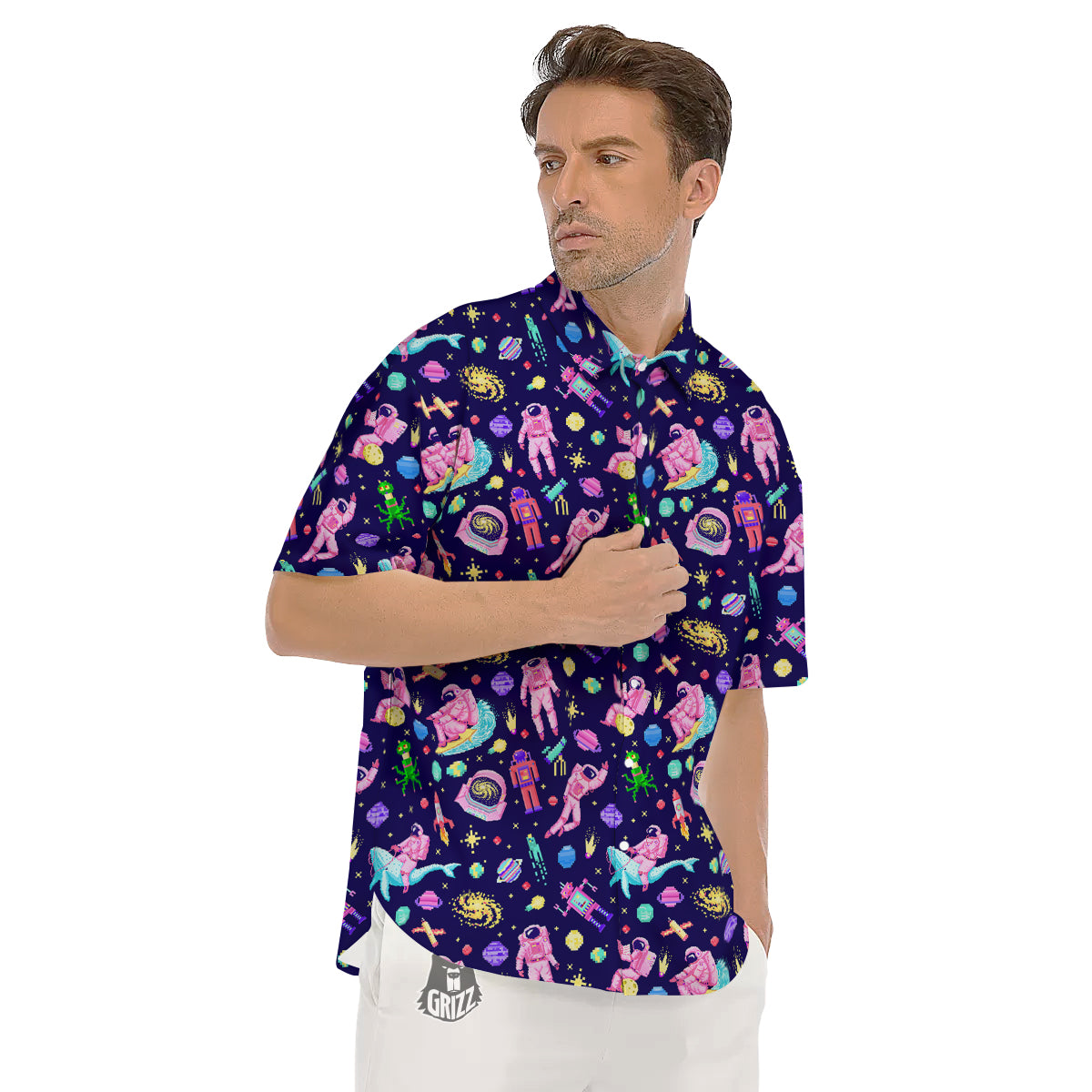Space Astronaut 8 Bit Print Pattern Men's Short Sleeve Shirts-grizzshop