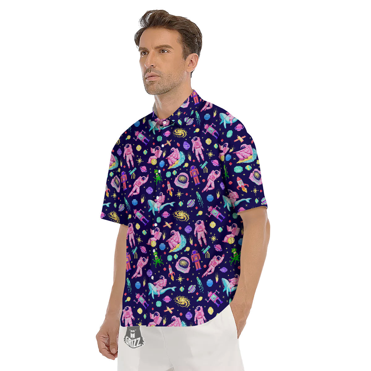 Space Astronaut 8 Bit Print Pattern Men's Short Sleeve Shirts-grizzshop