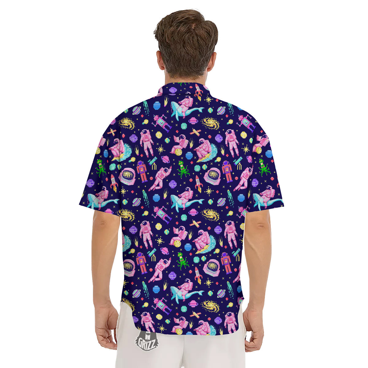 Space Astronaut 8 Bit Print Pattern Men's Short Sleeve Shirts-grizzshop