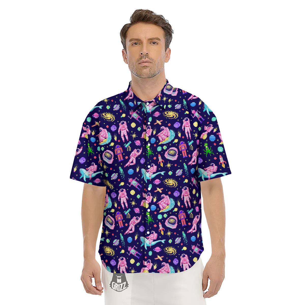 Space Astronaut 8 Bit Print Pattern Men's Short Sleeve Shirts-grizzshop