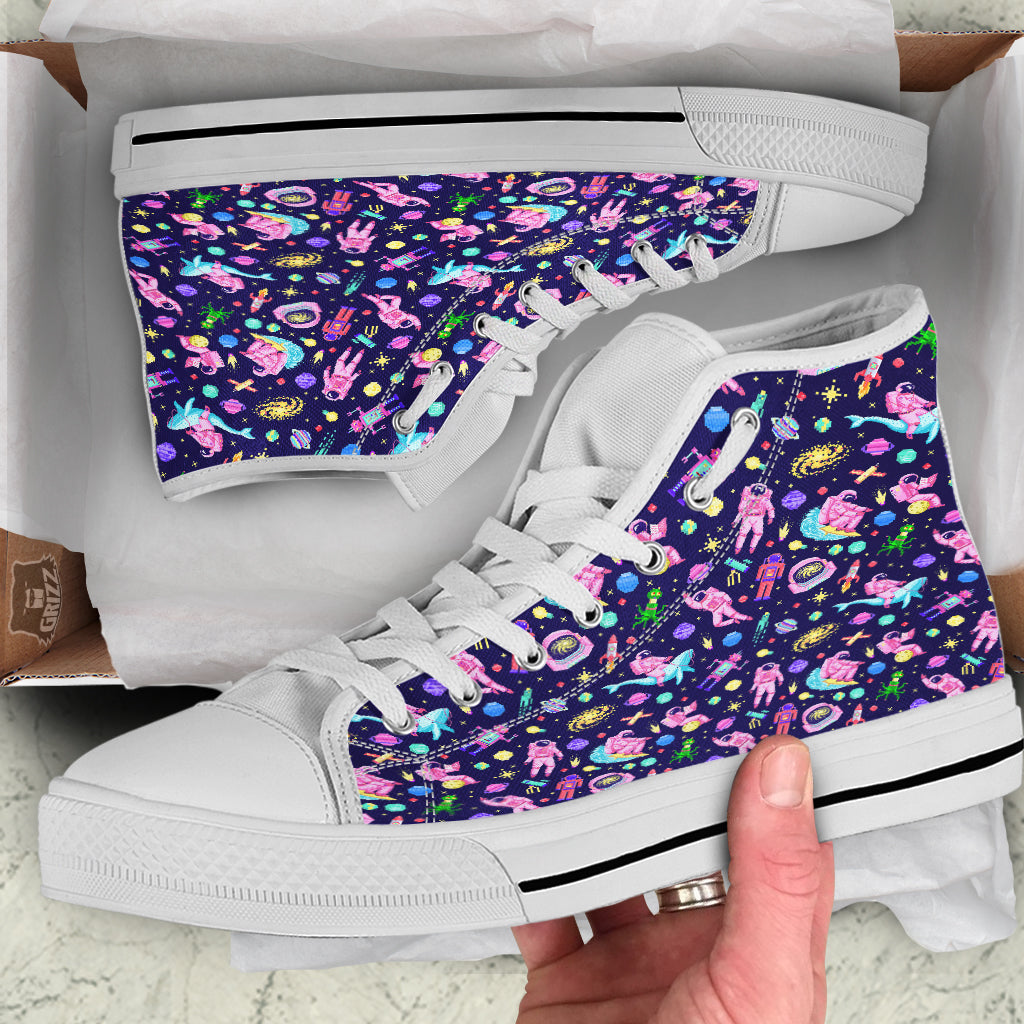 Space Astronaut 8 Bit Print Pattern White High Top Shoes-grizzshop