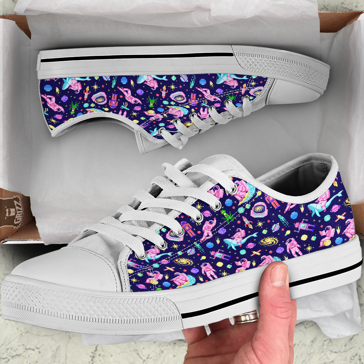 Space Astronaut 8 Bit Print Pattern White Low Top Shoes-grizzshop
