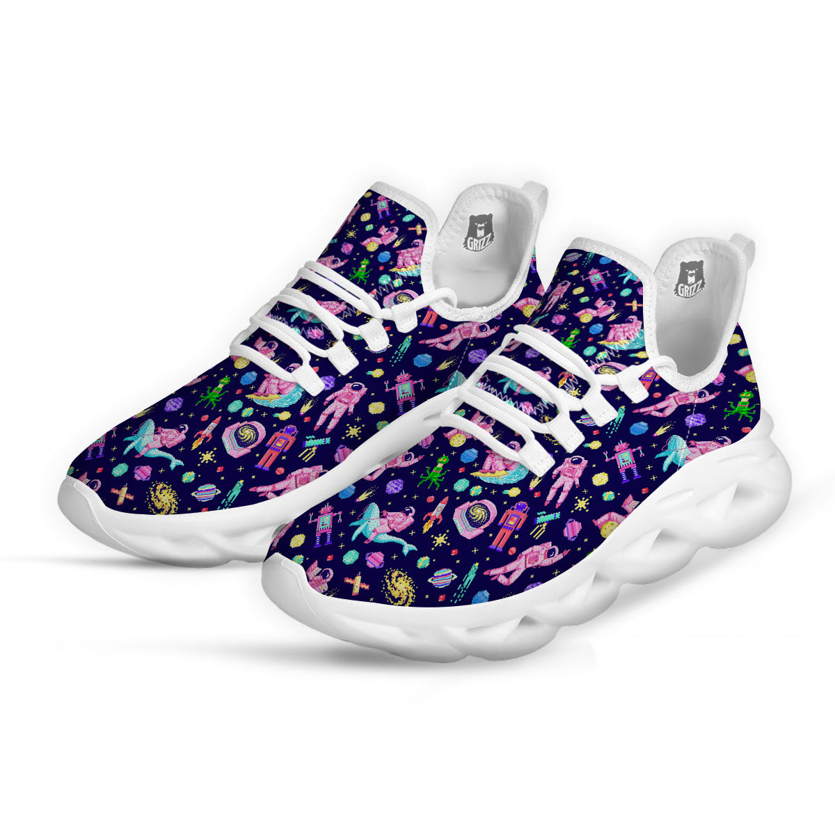 Space Astronaut 8 Bit Print Pattern White Running Shoes-grizzshop