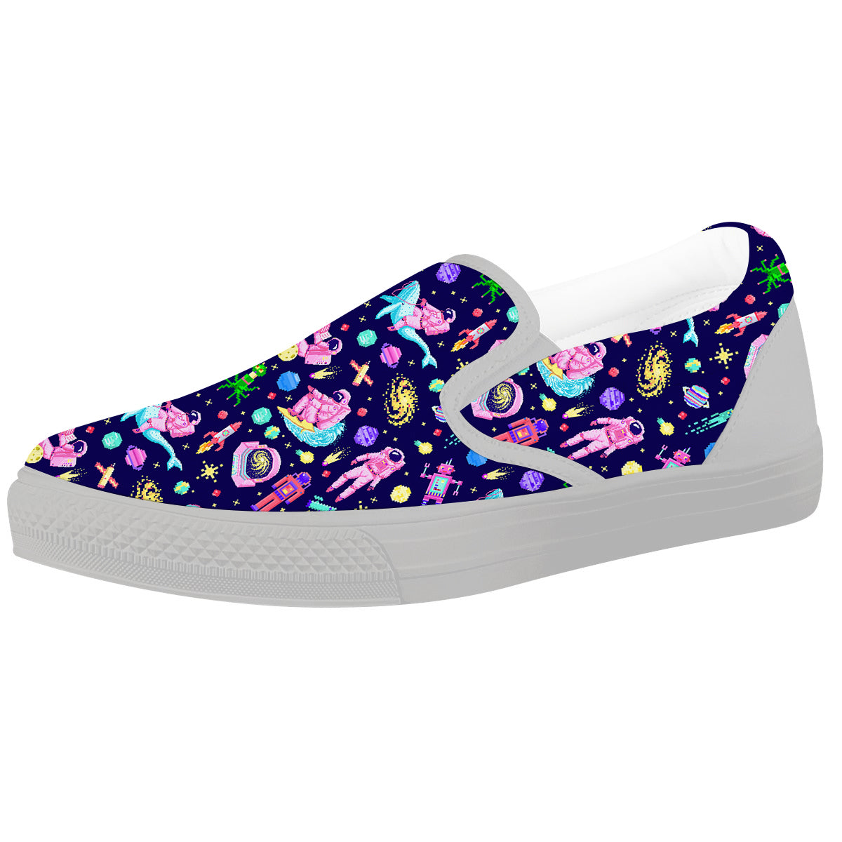 Space Astronaut 8 Bit Print Pattern White Slip On Shoes-grizzshop