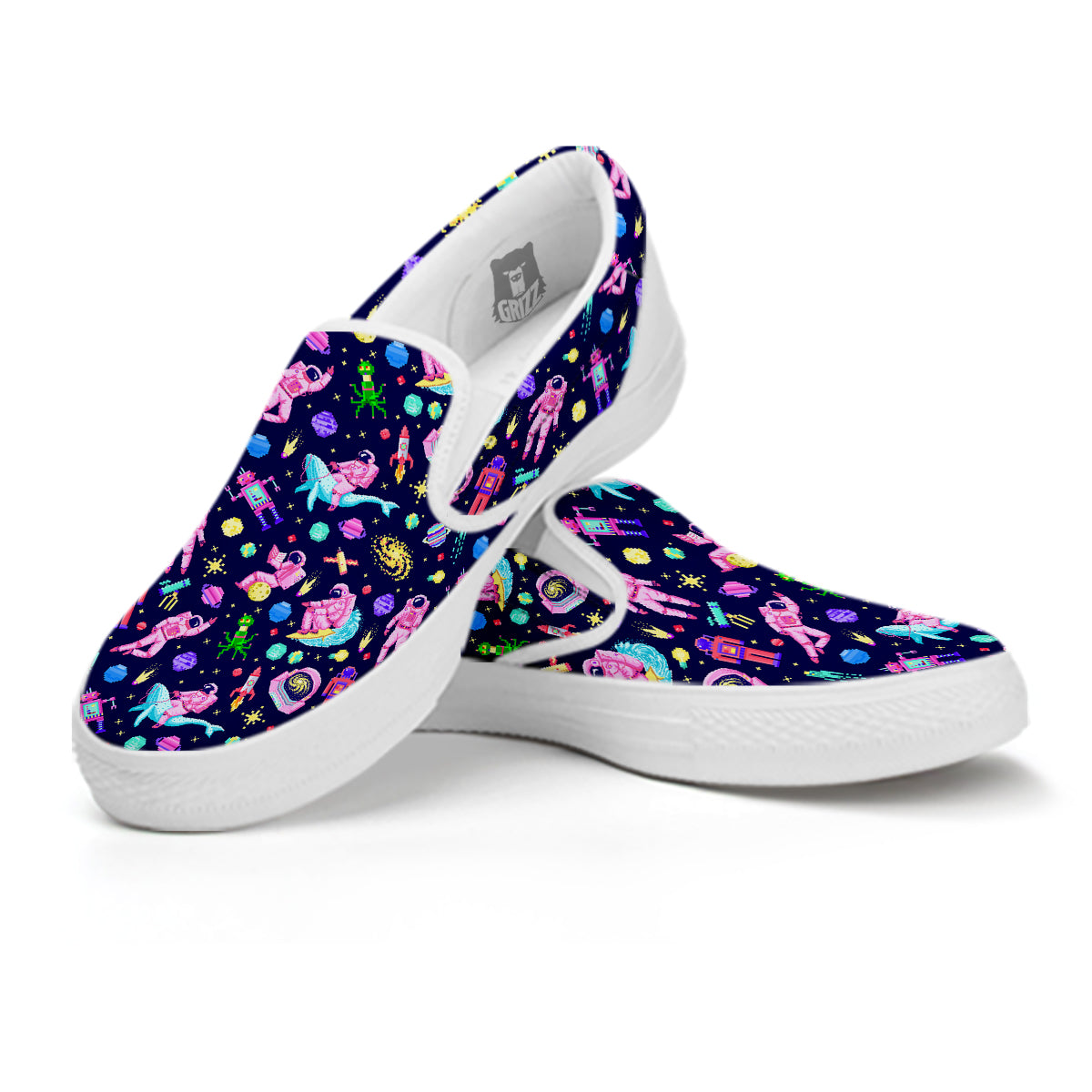 Space Astronaut 8 Bit Print Pattern White Slip On Shoes-grizzshop