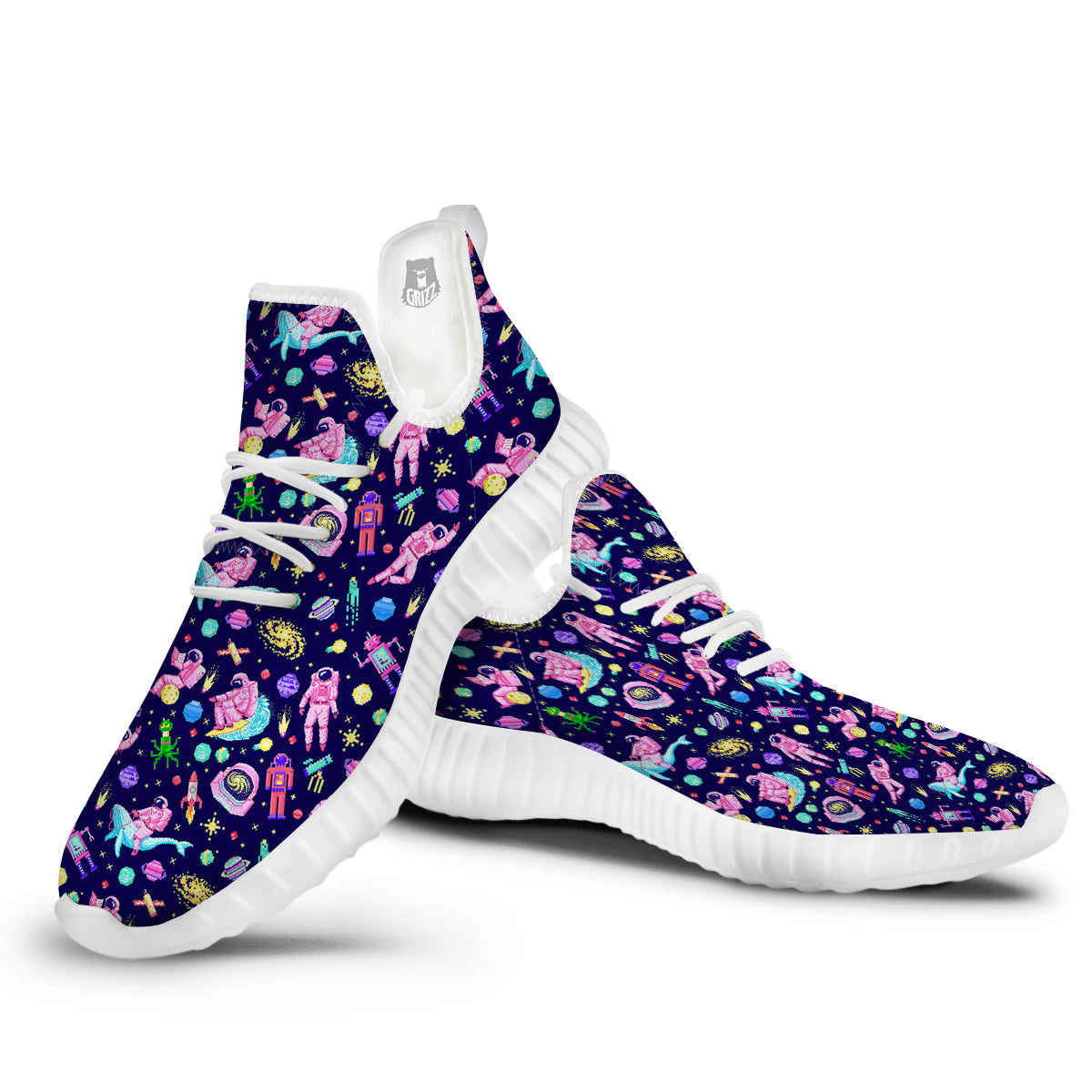 Space Astronaut 8 Bit Print Pattern White Walking Shoes-grizzshop