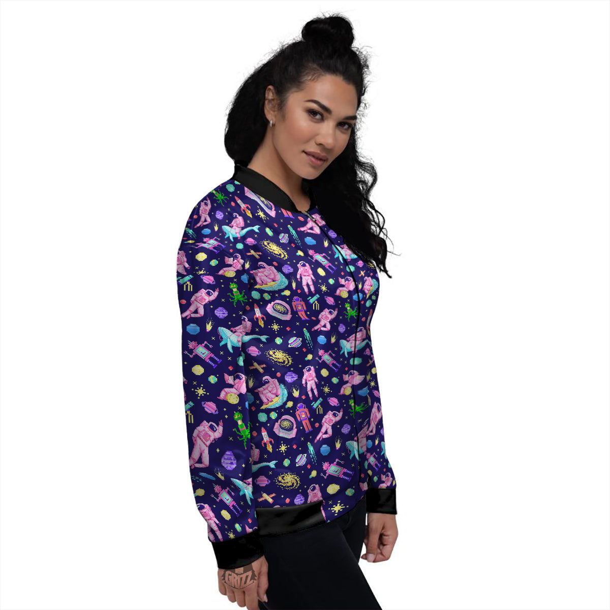 Space Astronaut 8 Bit Print Pattern Women's Bomber Jacket-grizzshop