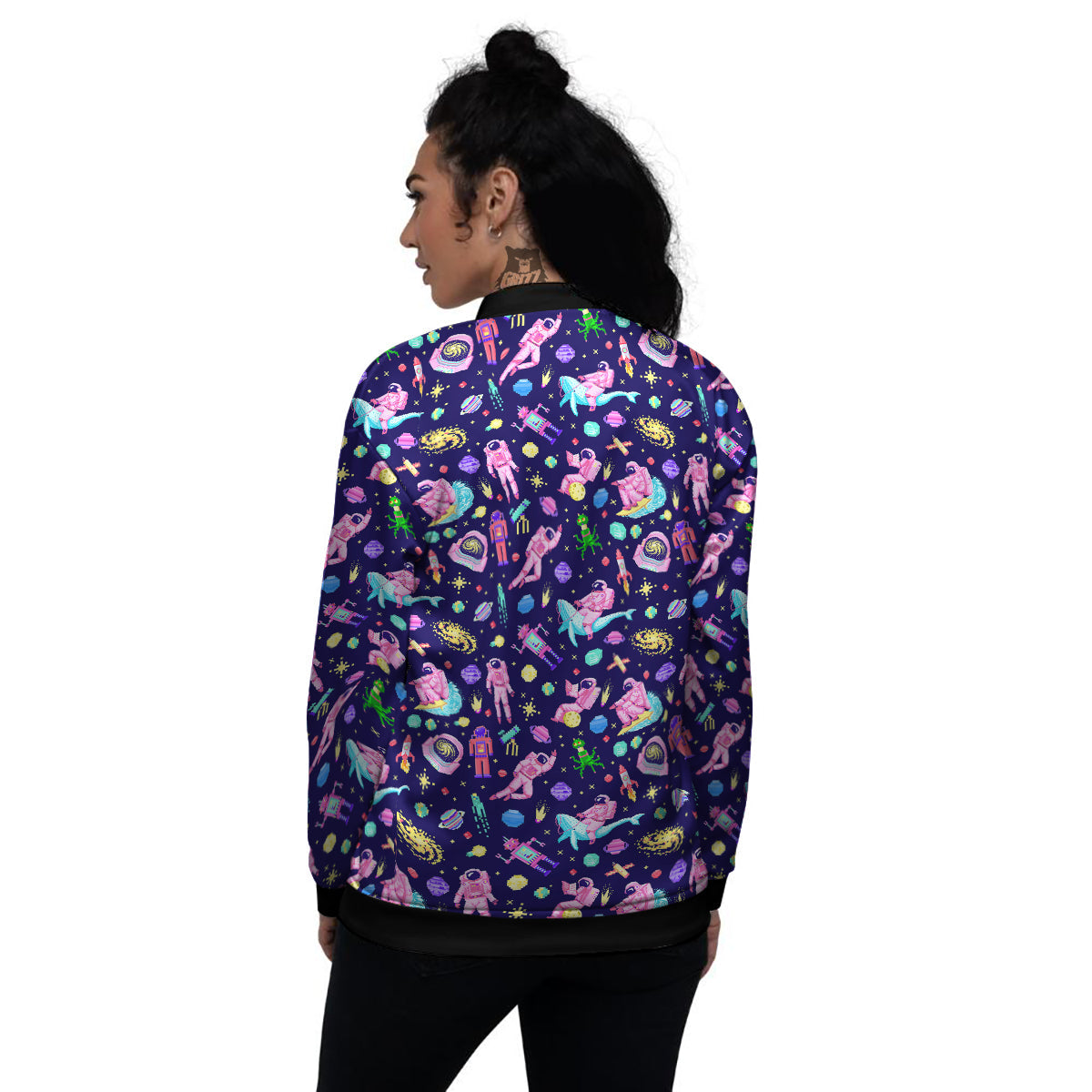 Space Astronaut 8 Bit Print Pattern Women's Bomber Jacket-grizzshop