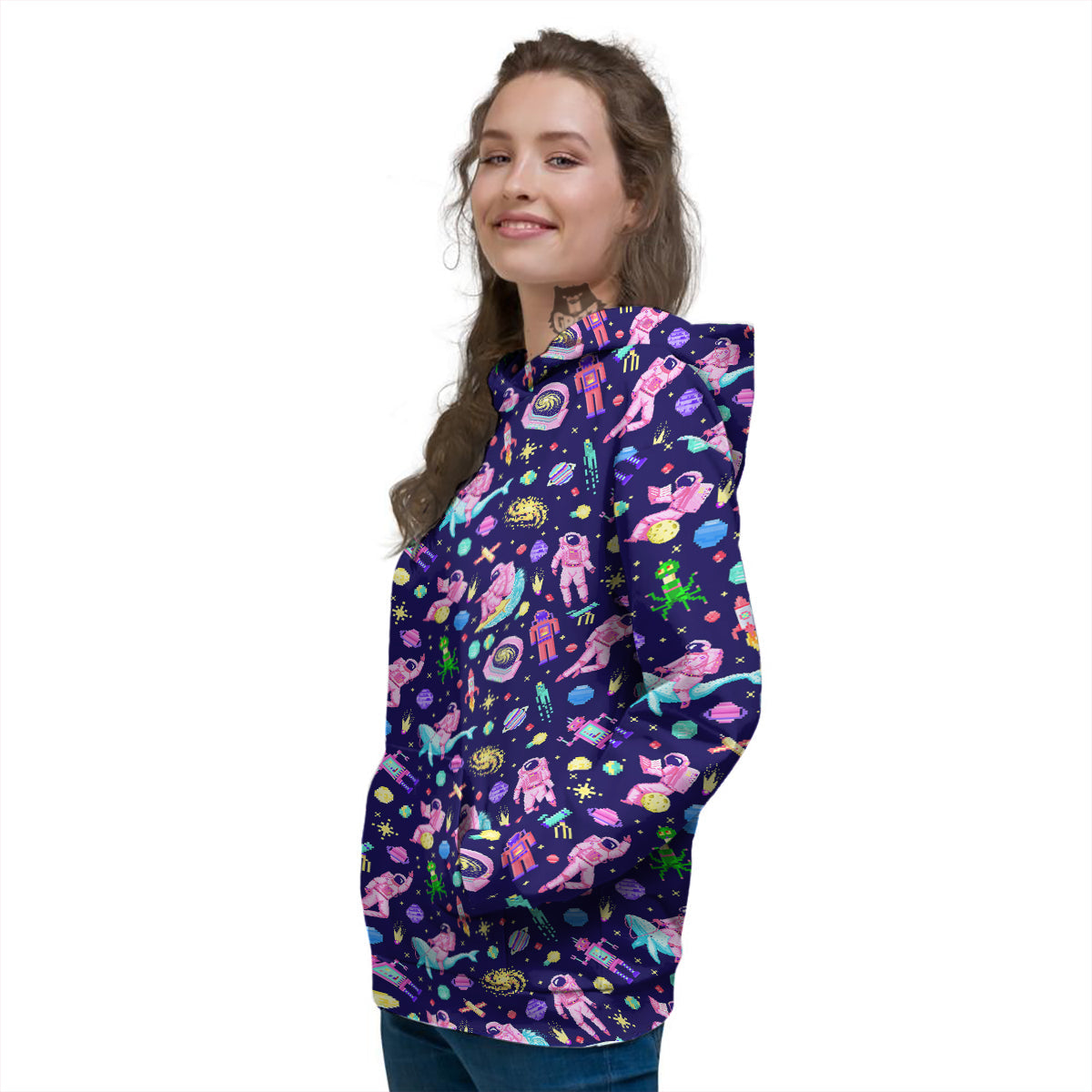 Space Astronaut 8 Bit Print Pattern Women's Hoodie-grizzshop