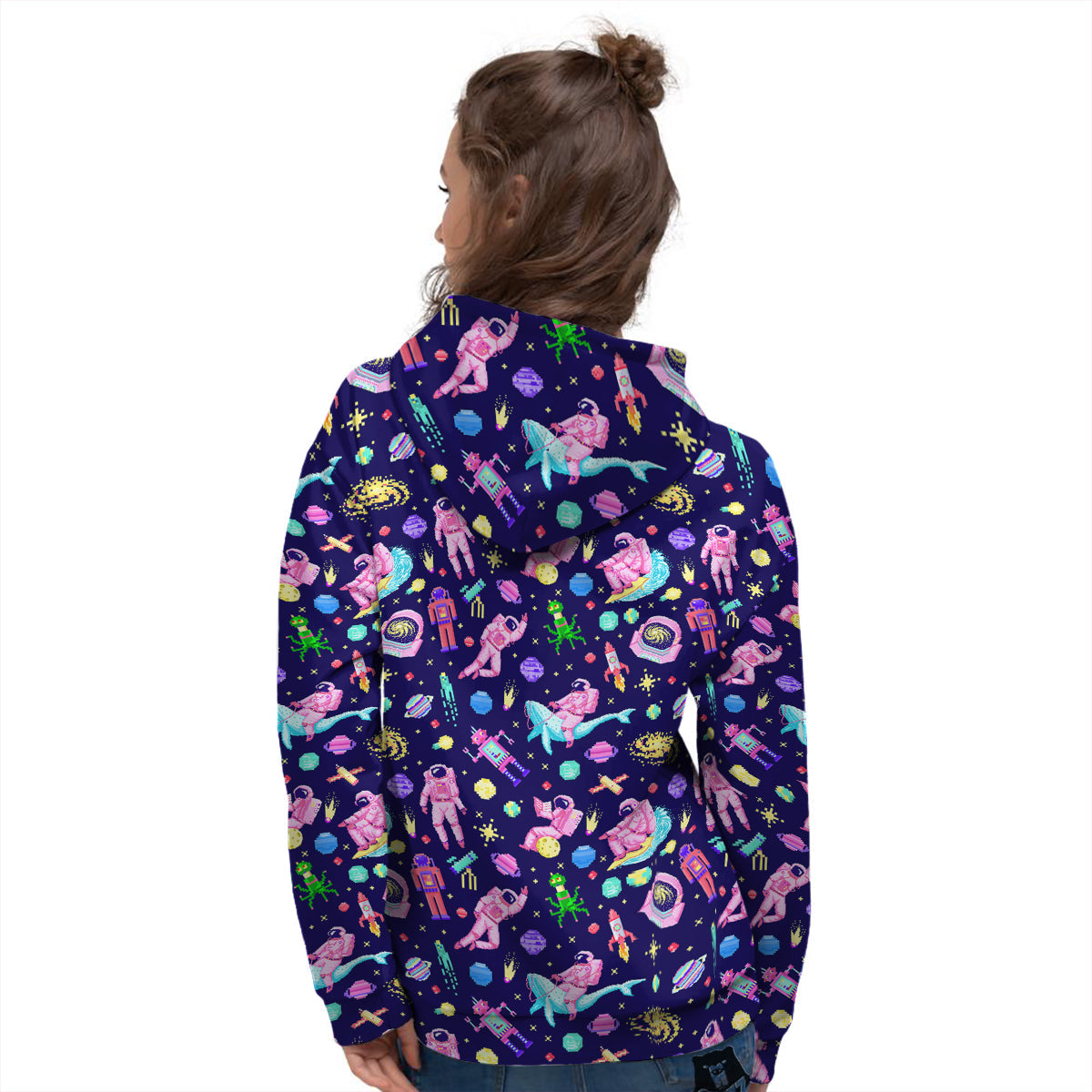 Space Astronaut 8 Bit Print Pattern Women's Hoodie-grizzshop