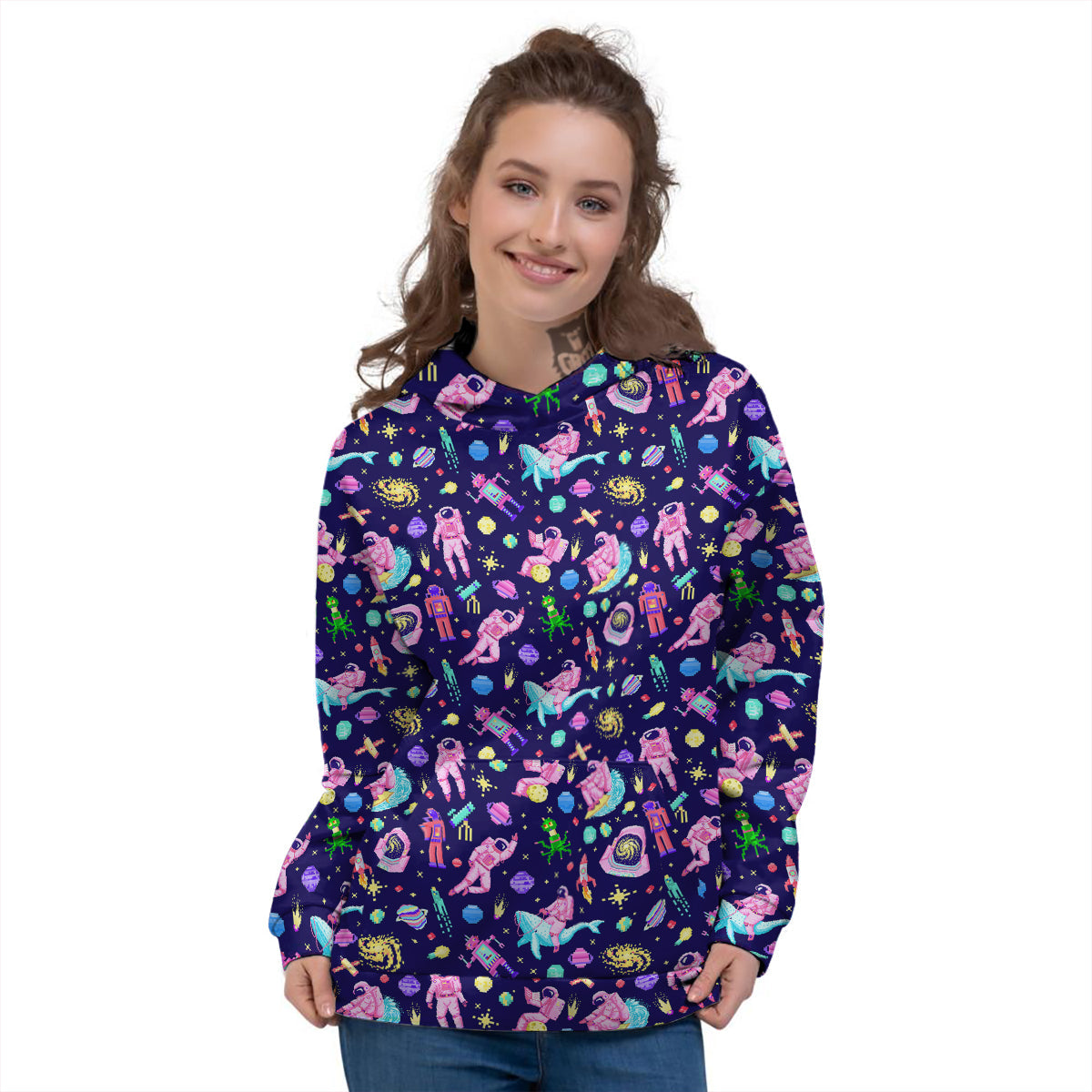 Space Astronaut 8 Bit Print Pattern Women's Hoodie-grizzshop