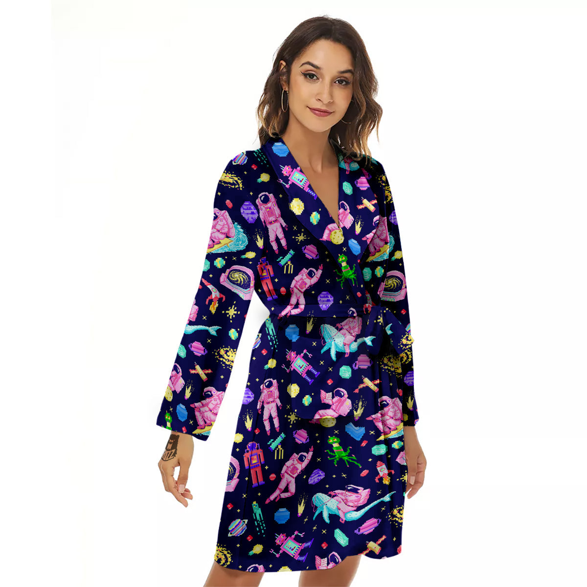 Space Astronaut 8 Bit Print Pattern Women's Robe-grizzshop