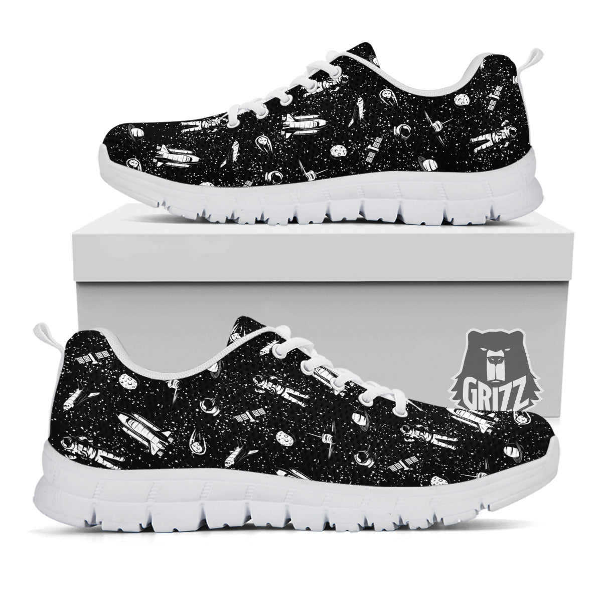 Space Astronaut Black Print Pattern White Sneaker-grizzshop