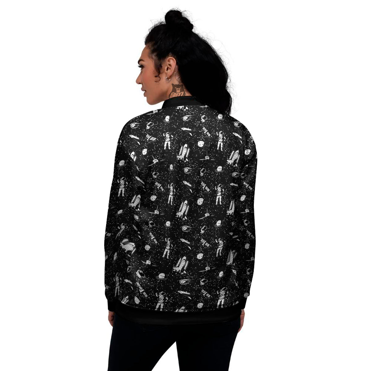 Space Astronaut Black Print Pattern Women's Bomber Jacket-grizzshop