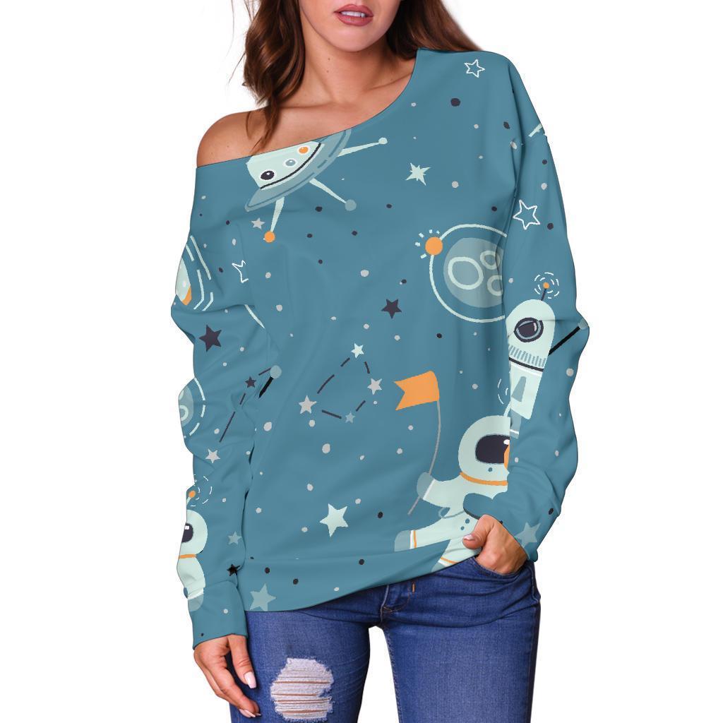 Space Astronaut Pattern Print Women Off Shoulder Sweatshirt-grizzshop