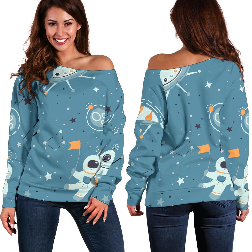 Space Astronaut Pattern Print Women Off Shoulder Sweatshirt-grizzshop