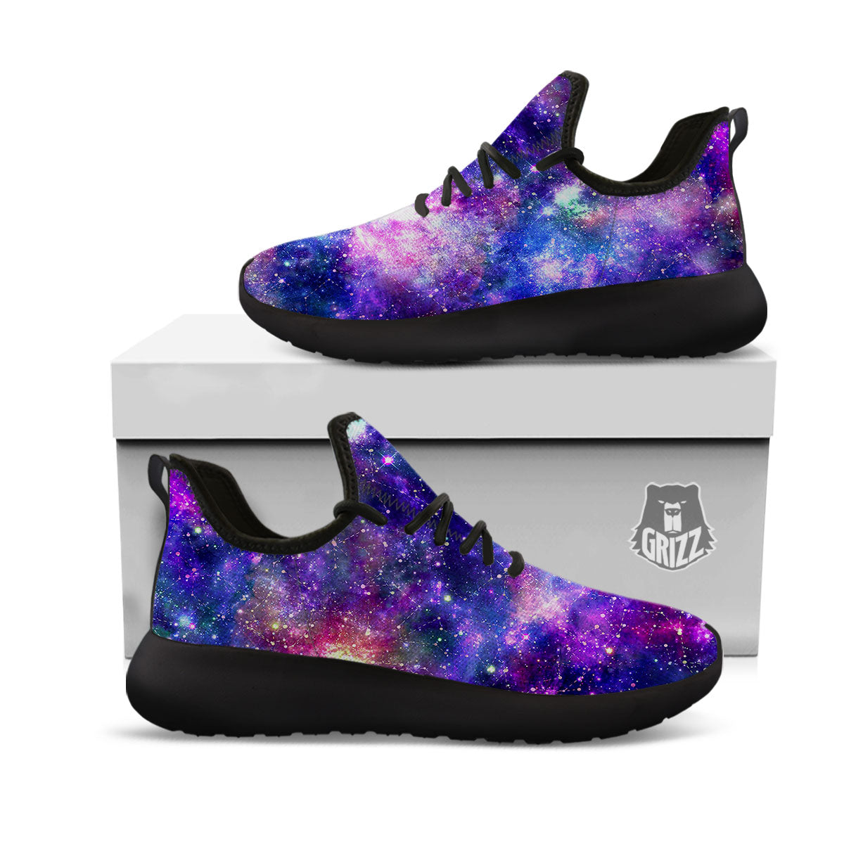Space Blue Starfield Purple Galaxy Print Black Athletic Shoes-grizzshop