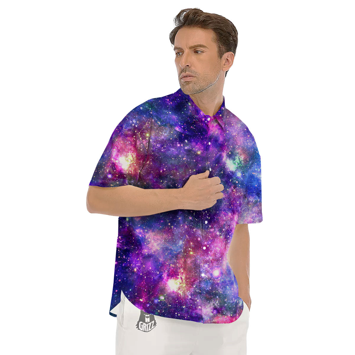 Space Blue Starfield Purple Galaxy Print Men's Short Sleeve Shirts-grizzshop