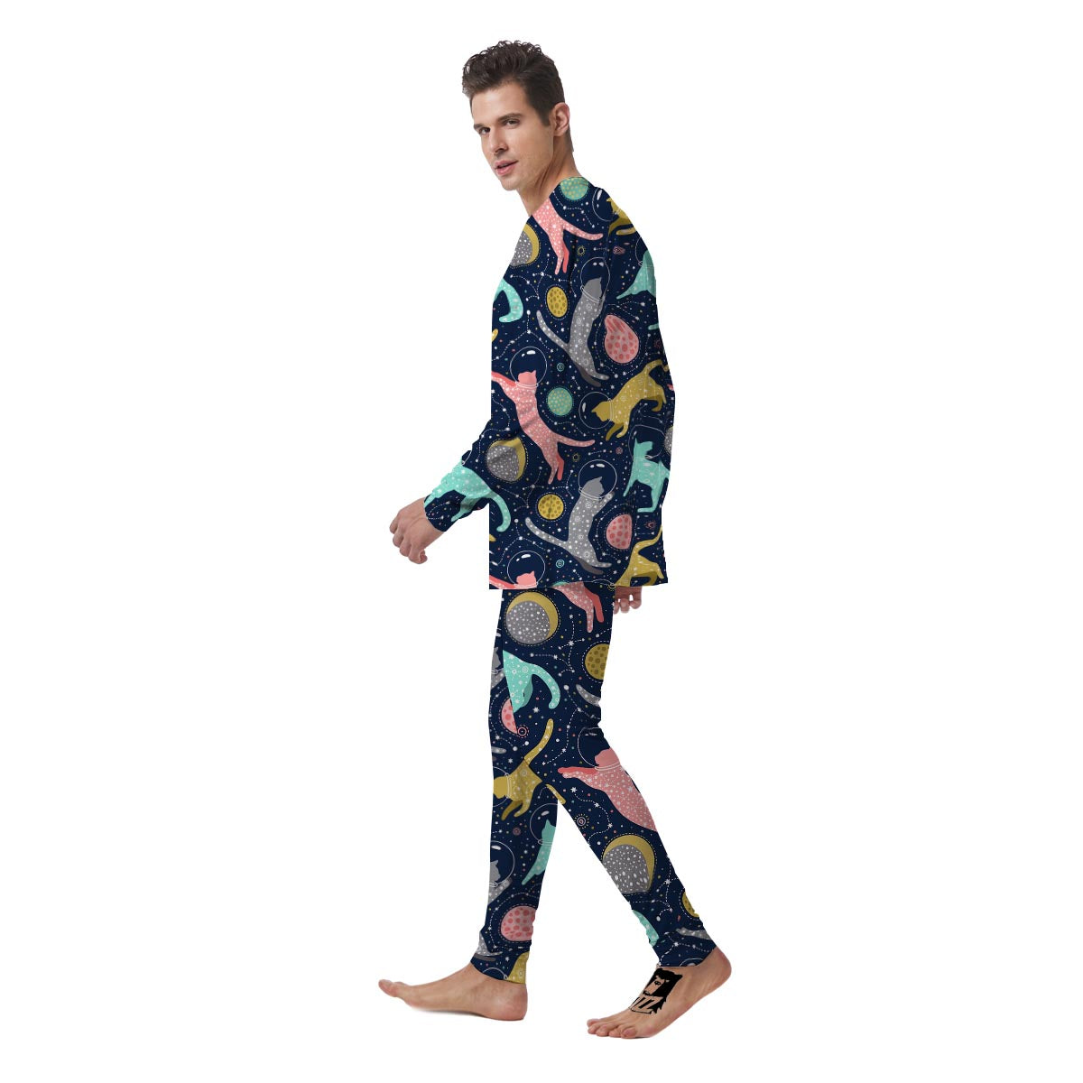 Space Cat Print Men's Pajamas-grizzshop