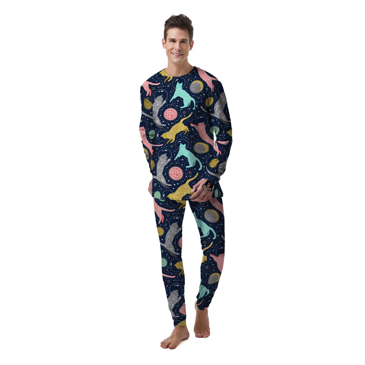 Space Cat Print Men's Pajamas-grizzshop