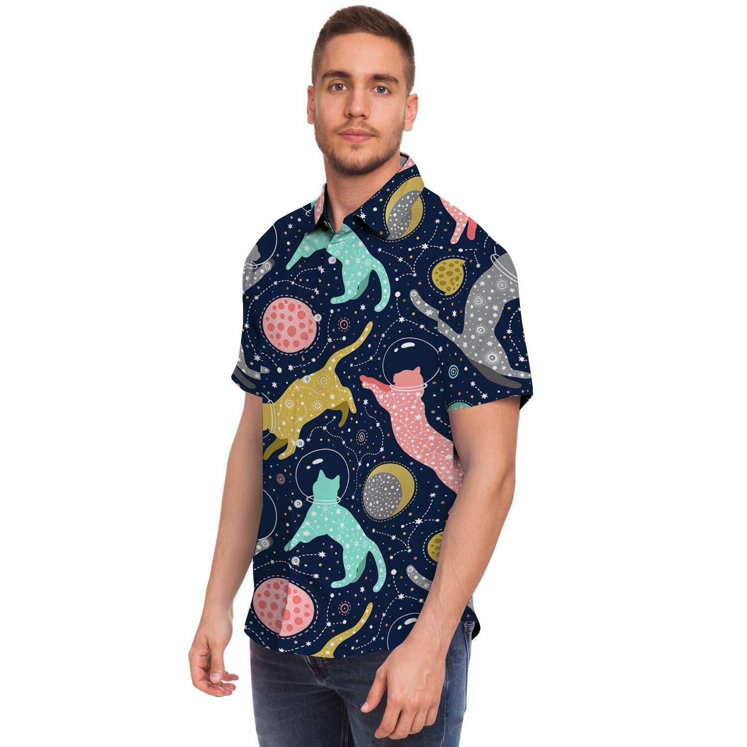 Space Cat Print Men's Short Sleeve Shirt-grizzshop