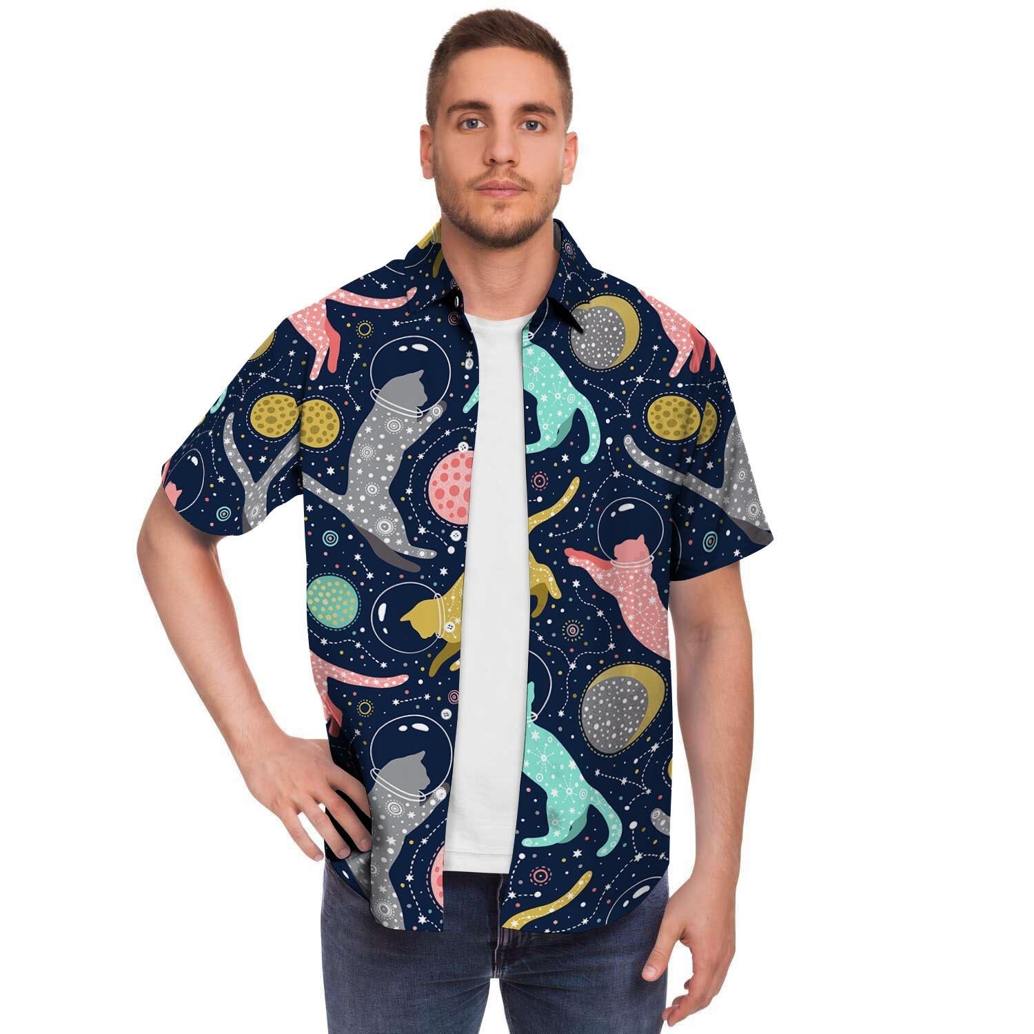 Space Cat Print Men's Short Sleeve Shirt-grizzshop