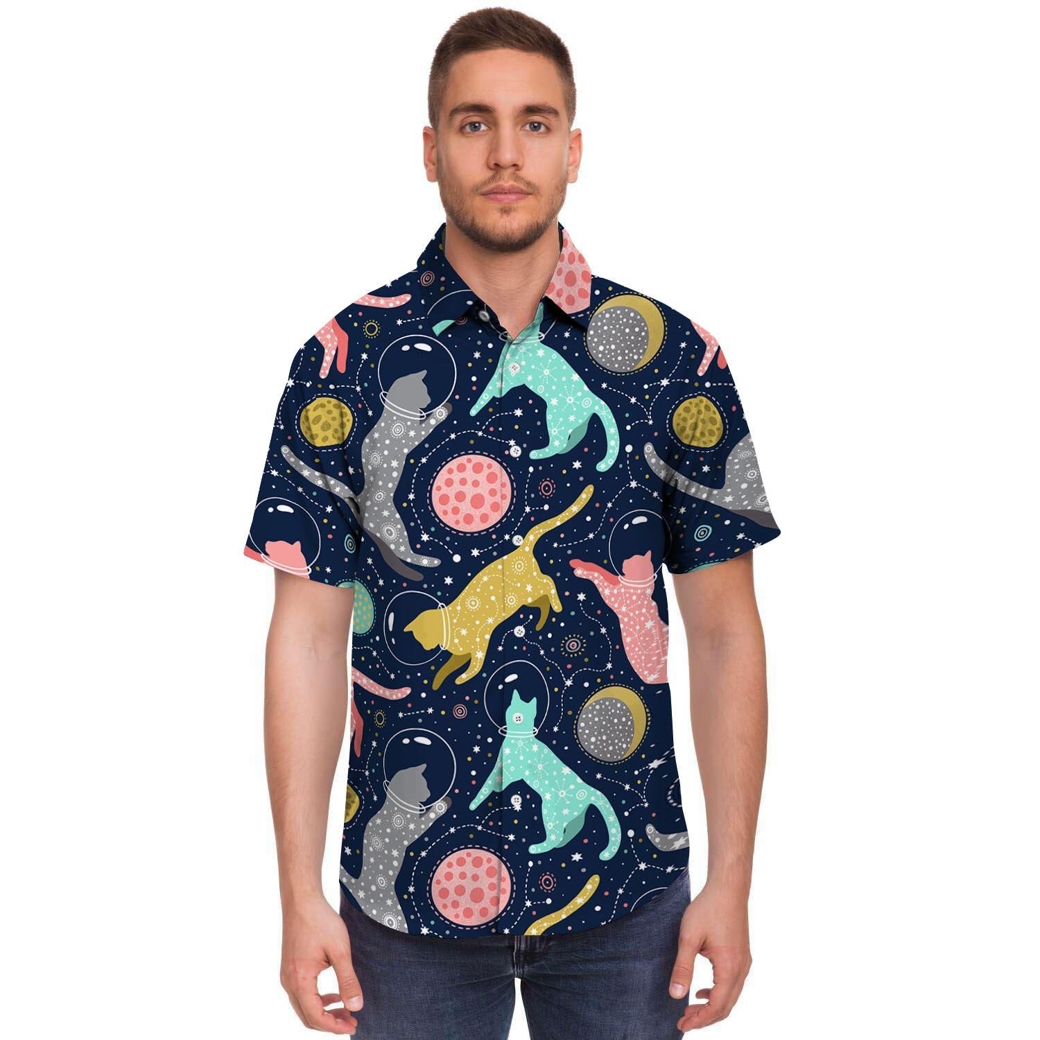 Space Cat Print Men's Short Sleeve Shirt-grizzshop
