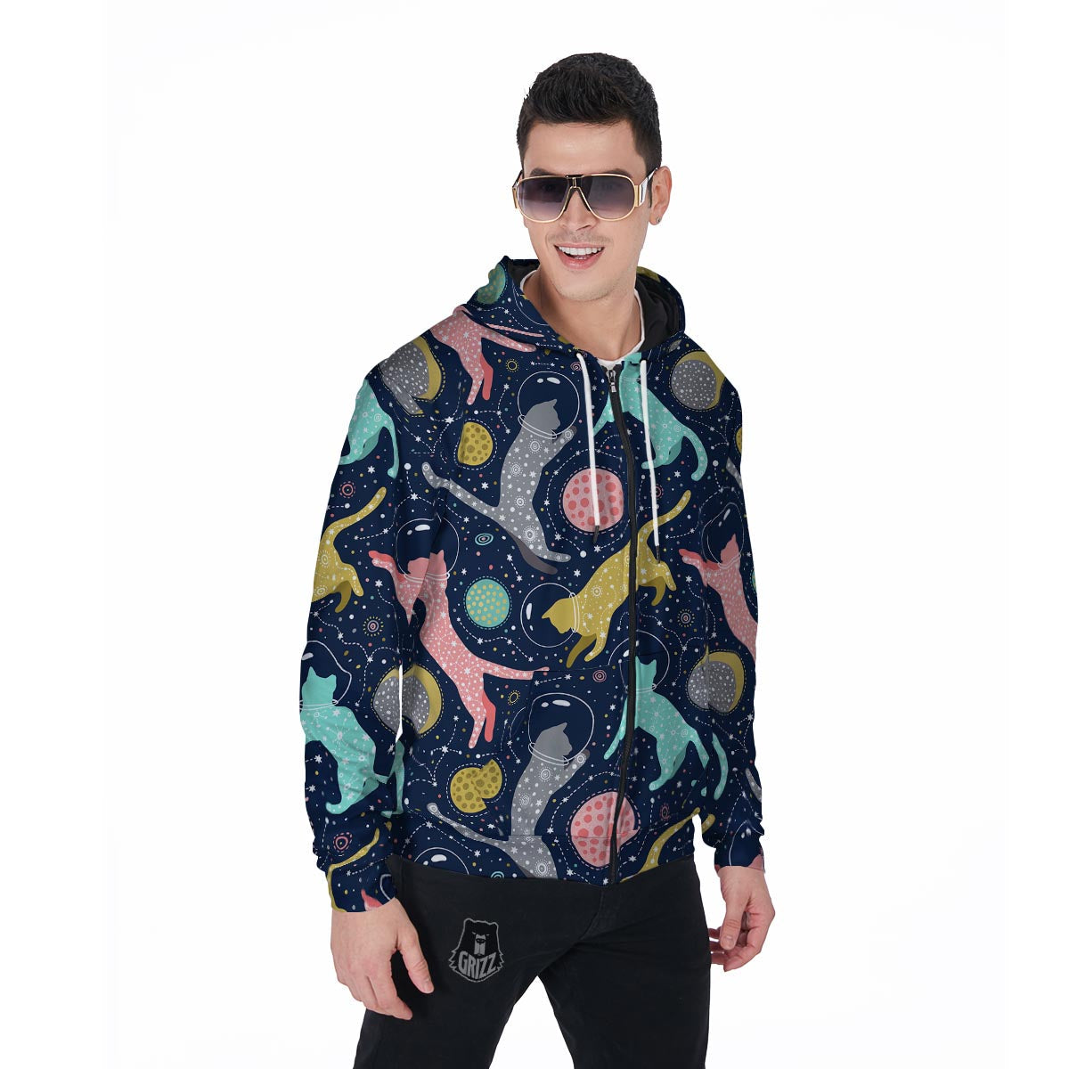 Space Cat Print Men's Zip Up Hoodie-grizzshop