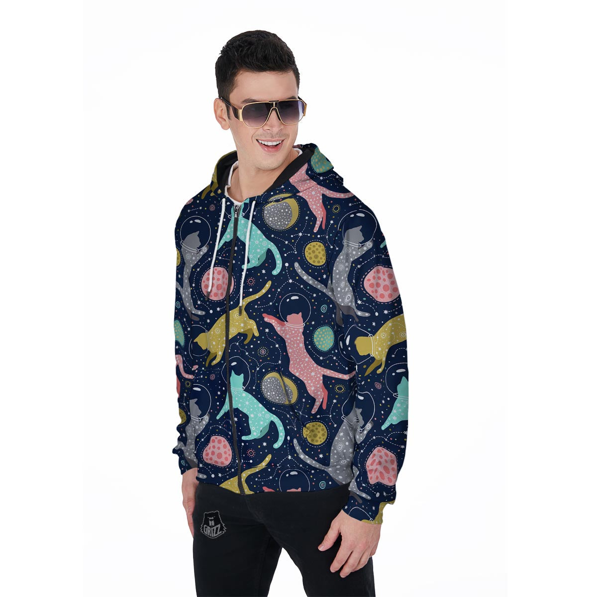 Space Cat Print Men's Zip Up Hoodie-grizzshop