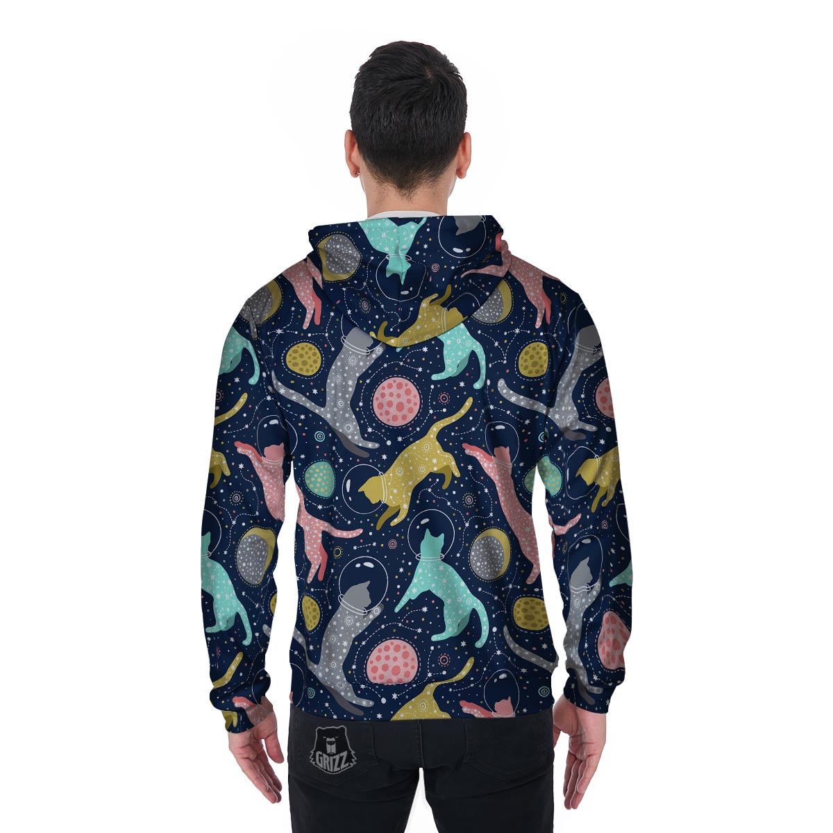 Space Cat Print Men's Zip Up Hoodie-grizzshop