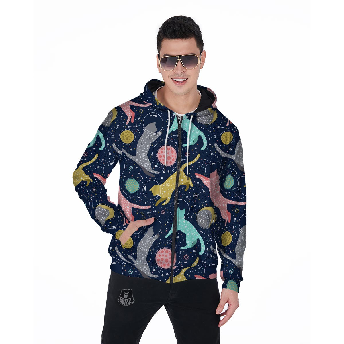 Space Cat Print Men's Zip Up Hoodie-grizzshop