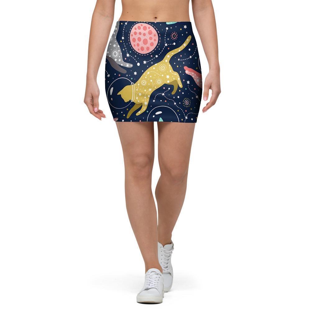 Space Cat Print Mini Skirt-grizzshop