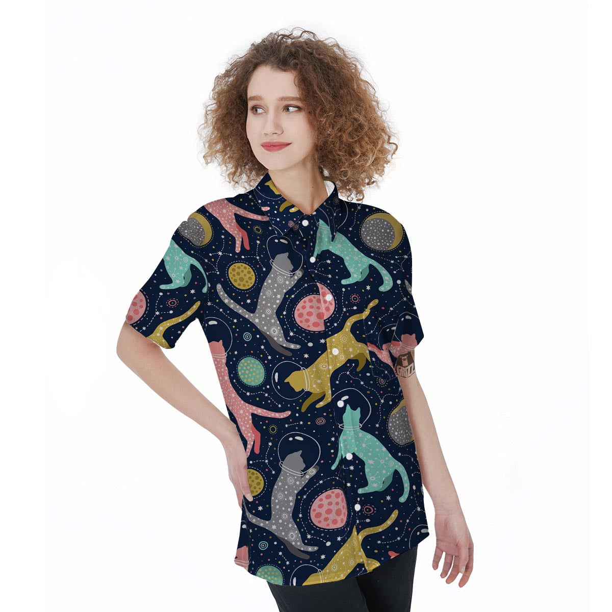 Space Cat Print Women's Short Sleeve Shirts-grizzshop