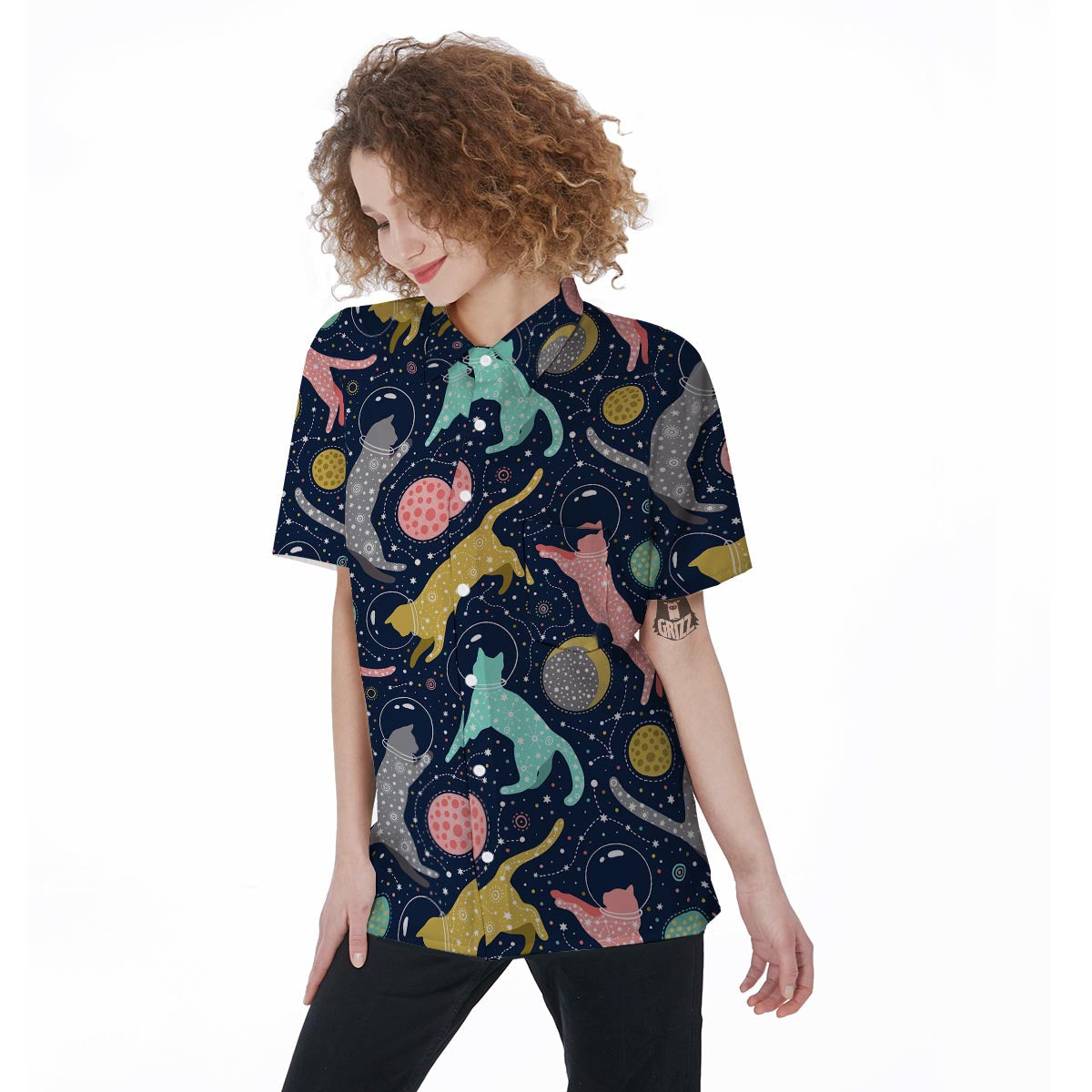 Space Cat Print Women's Short Sleeve Shirts-grizzshop